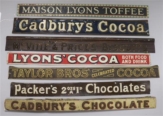 Seven shelf advertising signs for toffee biscuits, chocolate and cocoa longest 53cm